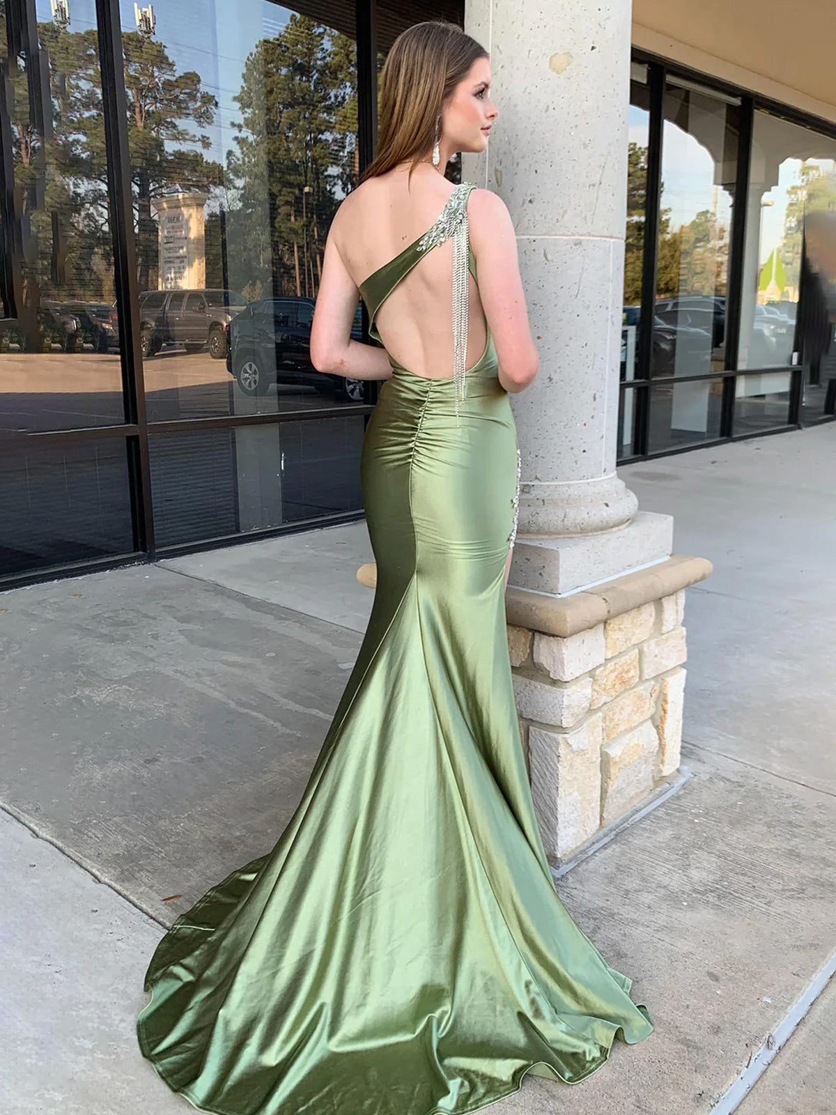 Aethera | Sage Beaded Mermaid One Shoulder Satin Prom Dress with Slit