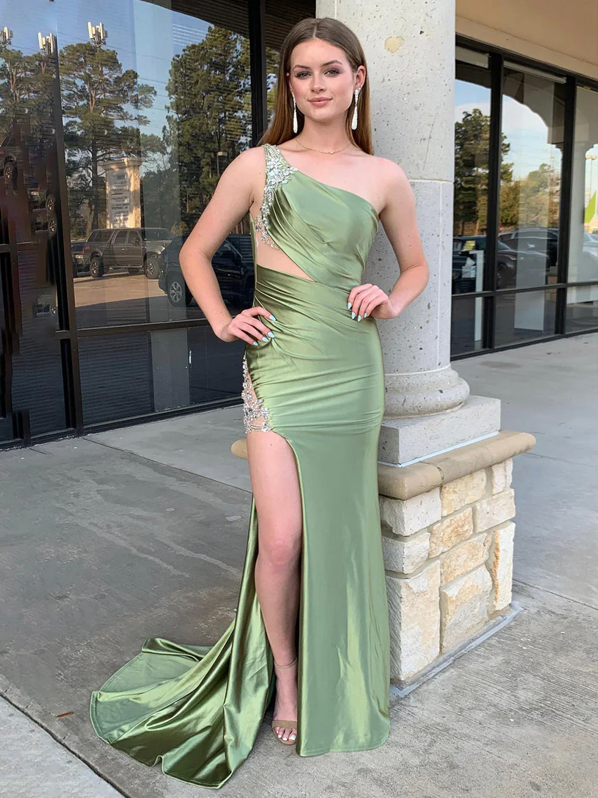 Aethera | Sage Beaded Mermaid One Shoulder Satin Prom Dress with Slit