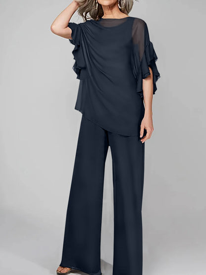 Jumpsuits Scoop Half Sleeves Chiffon Mother Of The Bride Pantsuits