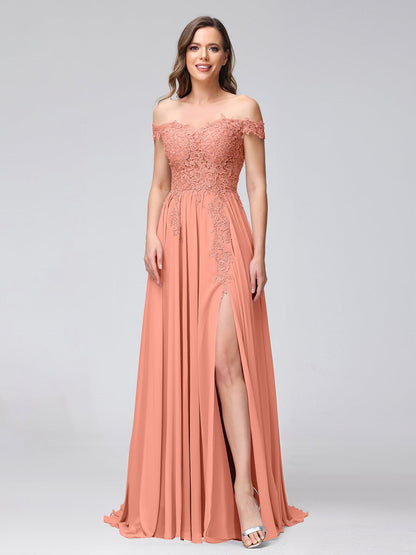 A-Line/Princess Off-the-Shoulder Sleeveless Long Bridesmaid Dresses with Side Slit & Appliqued