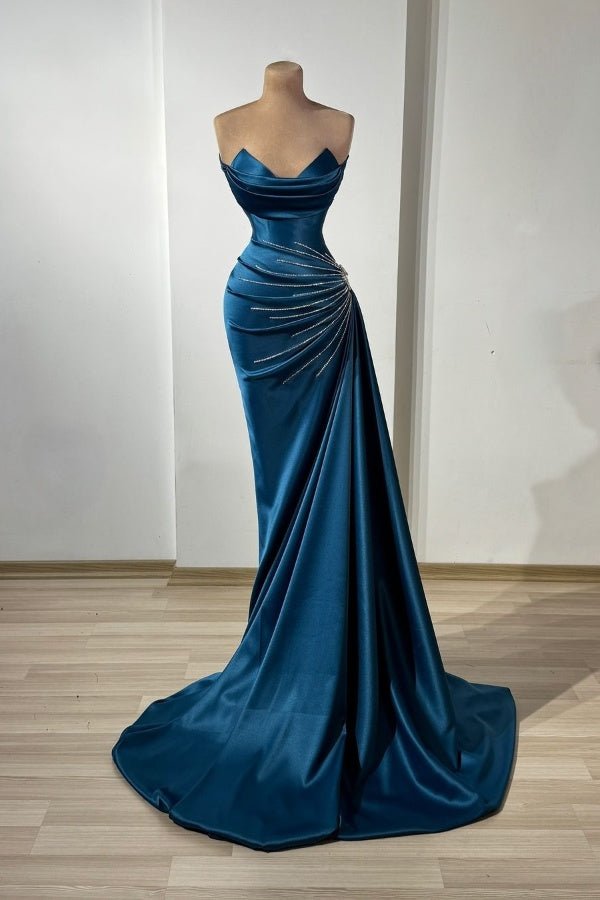 Dark Blue Strapless Pleated Beaded Prom Dress ZT0191