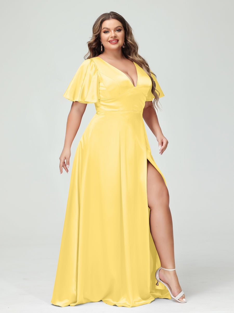 A-Line V-Neck Half Sleeves Silk Satin Plus Size Bridesmaid Dresses with Pockets