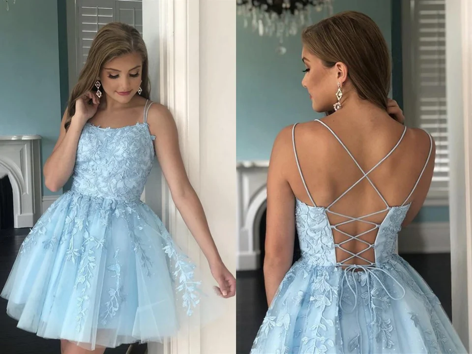 A Line Light Blue Tulle Homecoming Dress With Lace Appliques, Short Prom Dress gh1634