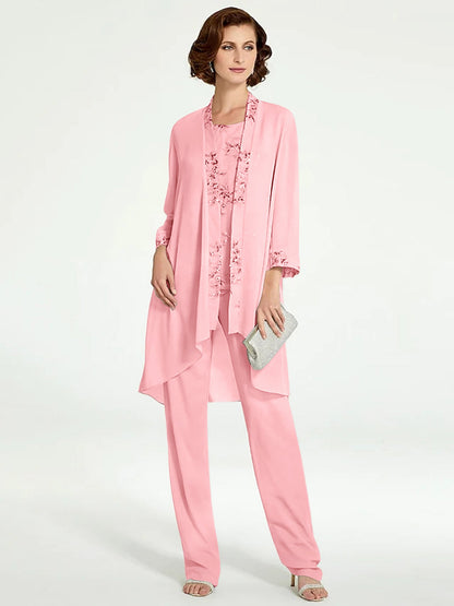 Chiffon Round Neck Floor-Length Mother of the Bride Pantsuits with Jacket