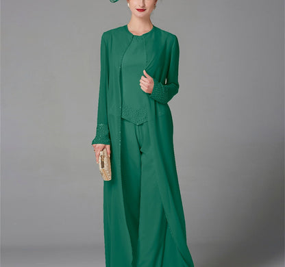 Chiffon Long Sleeves Mother of the Bride Pantsuits with Jacket & Sequins