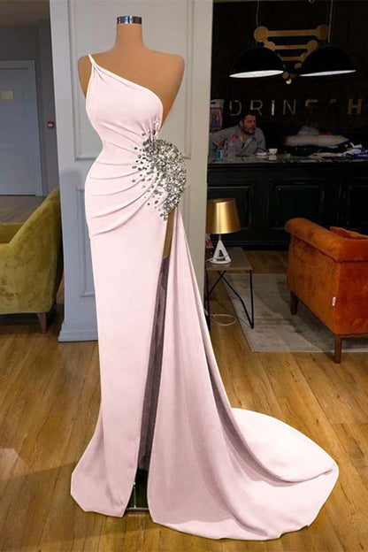 Green One-Shoulder Sleeveless Beadings Mermaid Prom Dress Split ED0025