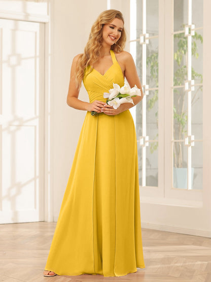 A-Line/Princess Halter Sleeveless Floor-Length Bridesmaid Dresses with Split Side