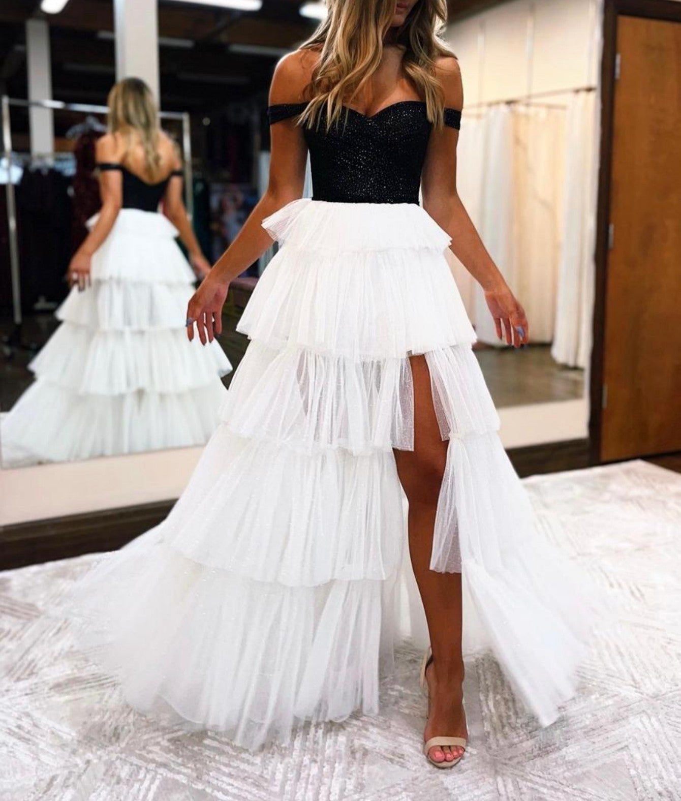 Black And White A-Line Strapless Tiered Long Prom Dress