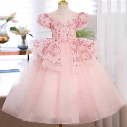 Rhinestone Round Neck Short Sleeves Ball Gown Girl Party Dress with Flowers