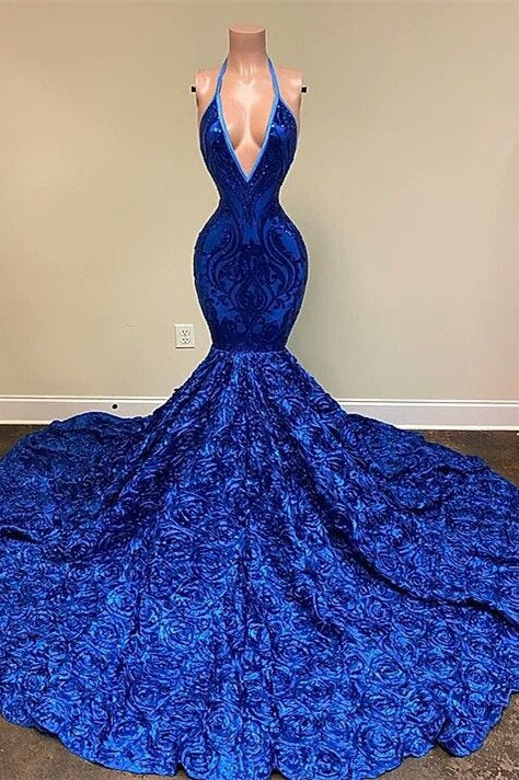 edgynewlook Halter Royal Blue Sleeveless Sequins Prom Dress Mermaid With Flowers Bottom