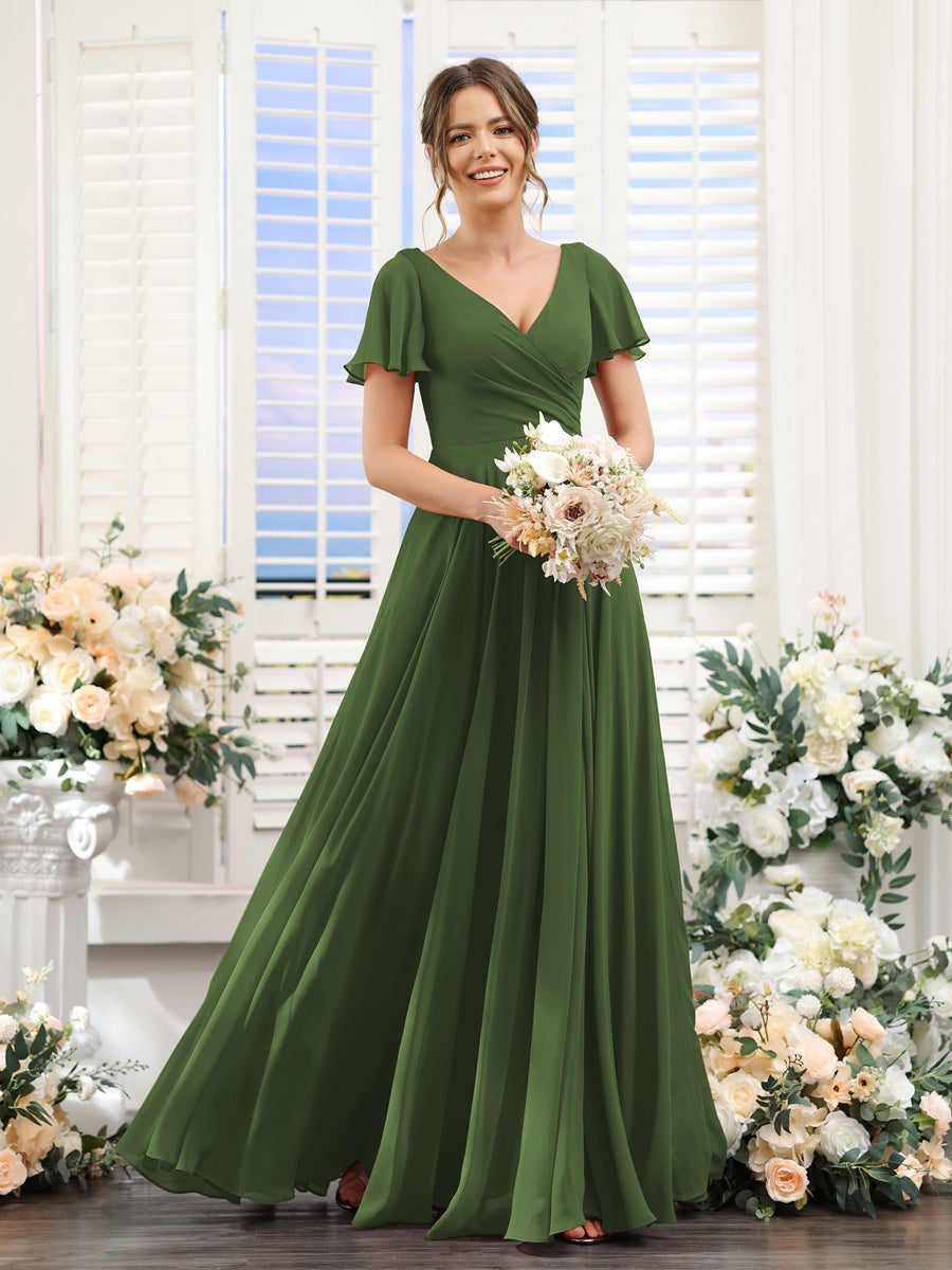 A-Line/Princess V-Neck Short Sleeves Bridesmaid Dresses with Split Side & Ruched