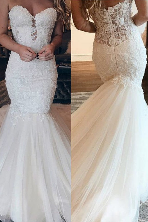 Affordable Strapless Tulle Lace Wedding Dress Chic Mermaid Sleeveless Long Dress For Wedding