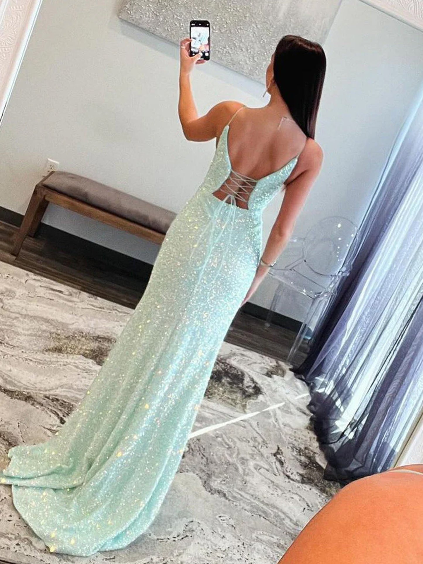 Ailsa | Mint Green Spaghetti Straps Sequins Mermaid Long Prom Dresses With Split