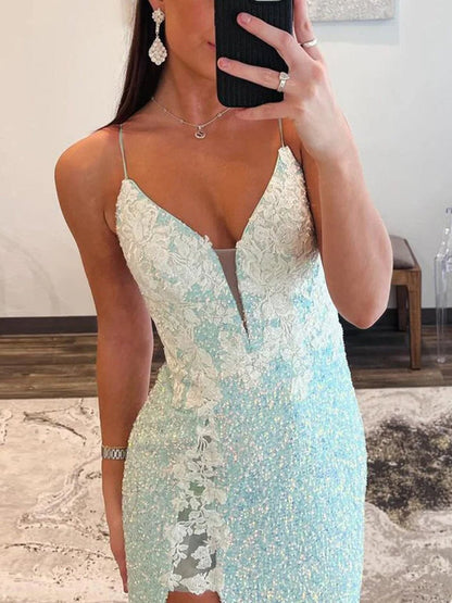 Ailsa | Mint Green Spaghetti Straps Sequins Mermaid Long Prom Dresses With Split