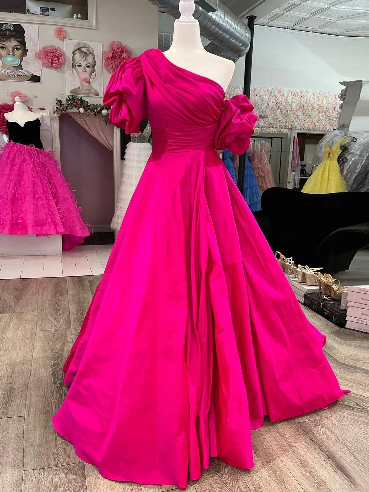 Alan | Fuchsia One-Shoulder A-Line Long Prom Dress with Puff Sleeves