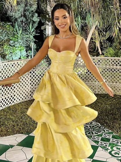 Alivia | Pastel Yellow Ruffle Tiered A-Line Long Party Prom Dress