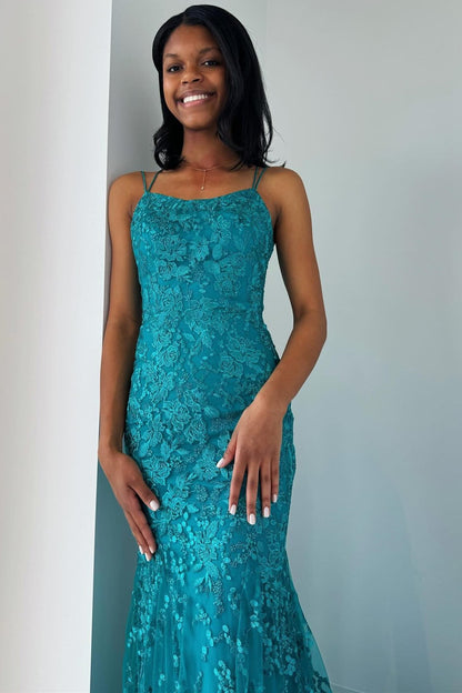 Elma | Turquoise Appliques Lace-Up Trumpet Long Prom Dress