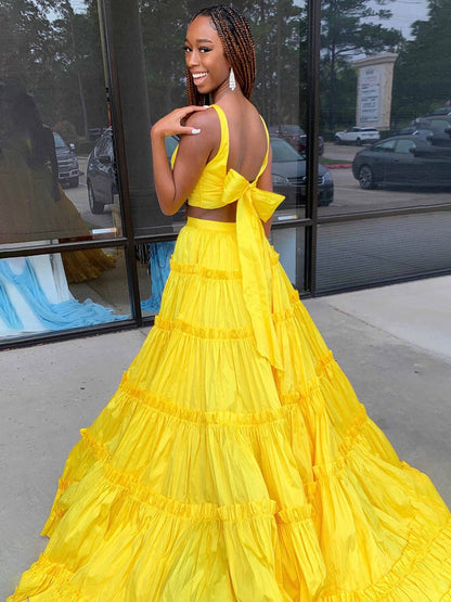 Aloe |  A-Line Yellow V-Neck Ruffle Taffeta Two Piece Prom Dress