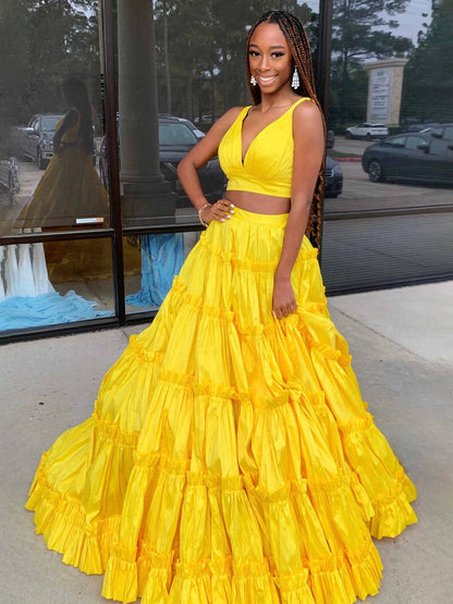 Aloe |  A-Line Yellow V-Neck Ruffle Taffeta Two Piece Prom Dress