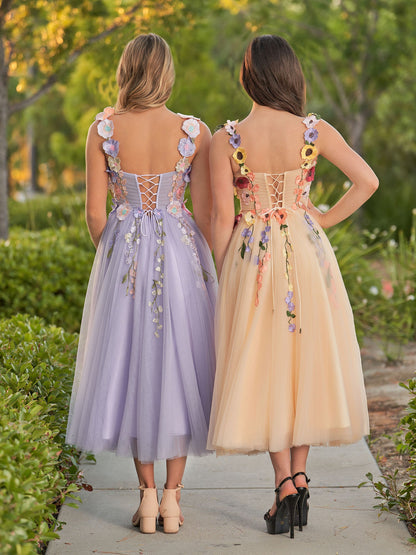 Amabel | 3D Flower Tulle Ankle Length Prom Dresses