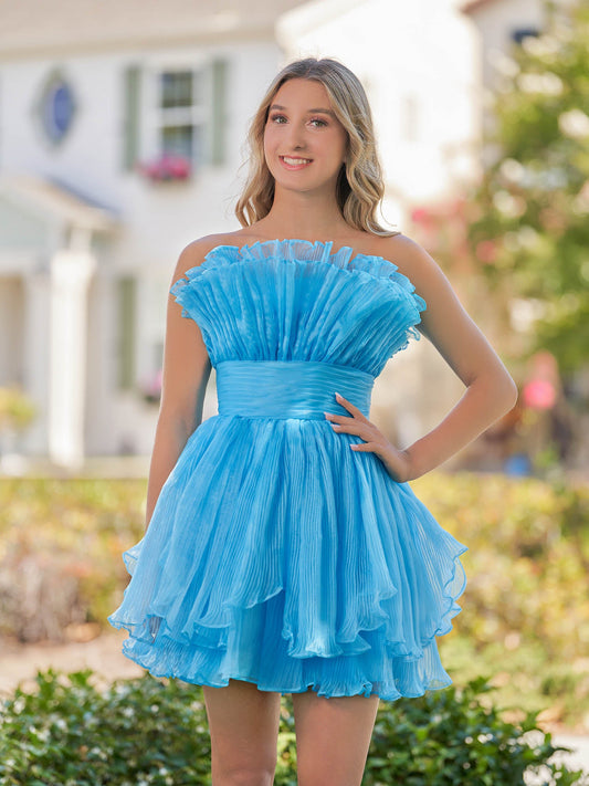 Amaia | Blue A-Line Strapless Pleated Short Tiered Homecoming Dress