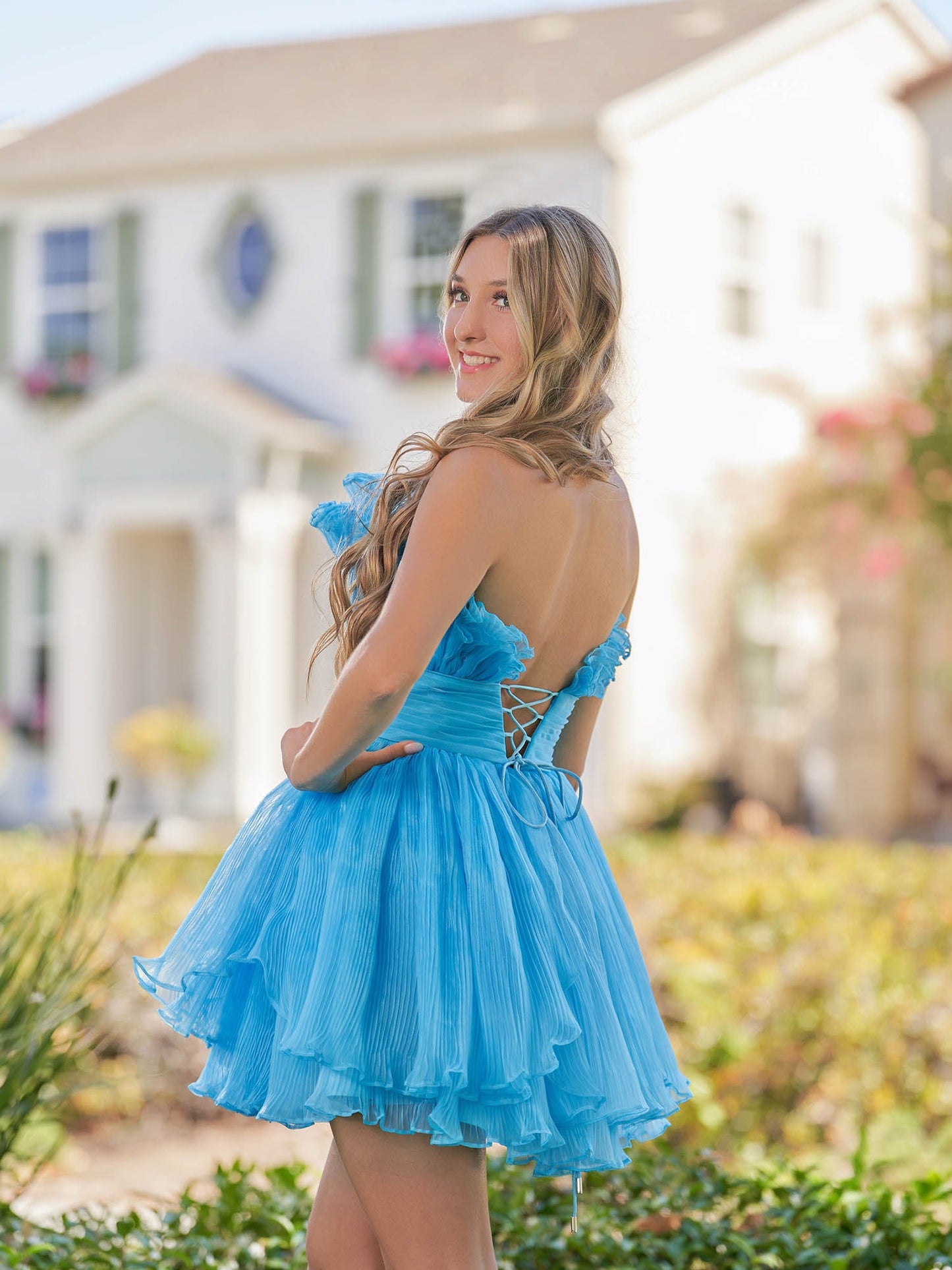 Amaia | Blue A-Line Strapless Pleated Short Tiered Homecoming Dress