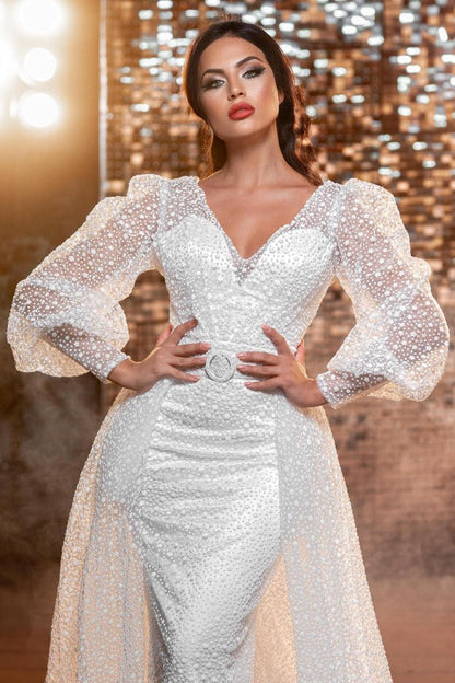 Amazing Long V-Neck Glitter Wedding Dresses Online With Long Sleevess