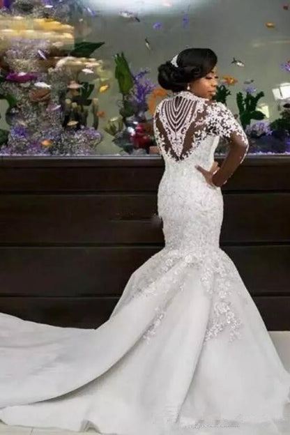 AmazingBeads Lace Appliques High Neck Wedding Dress Mermaid Bridal Dress