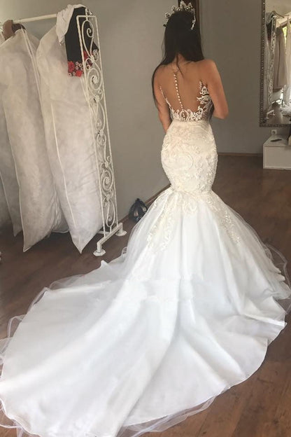 AmazingLace Mermaid Sleeveless Buttons Long Wedding Dress