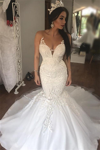 AmazingLace Mermaid Sleeveless Buttons Long Wedding Dress