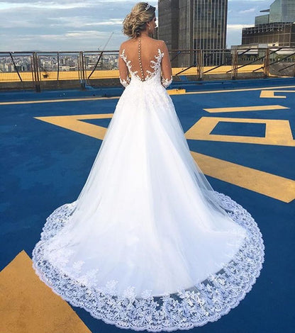 AmazingLace Sweep Train Bridal Gown Long Sleeves Tulle Wedding Dresses