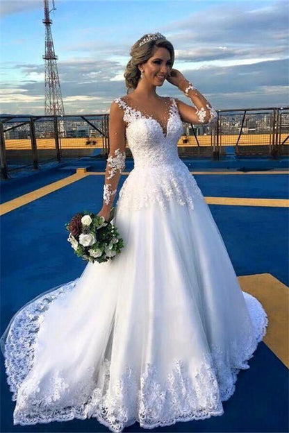 AmazingLace Sweep Train Bridal Gown Long Sleeves Tulle Wedding Dresses