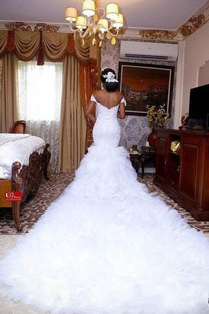 AmazingOff the Shoulder Lace Wedding Dress Mermaid Ruffless Bridal Gowns