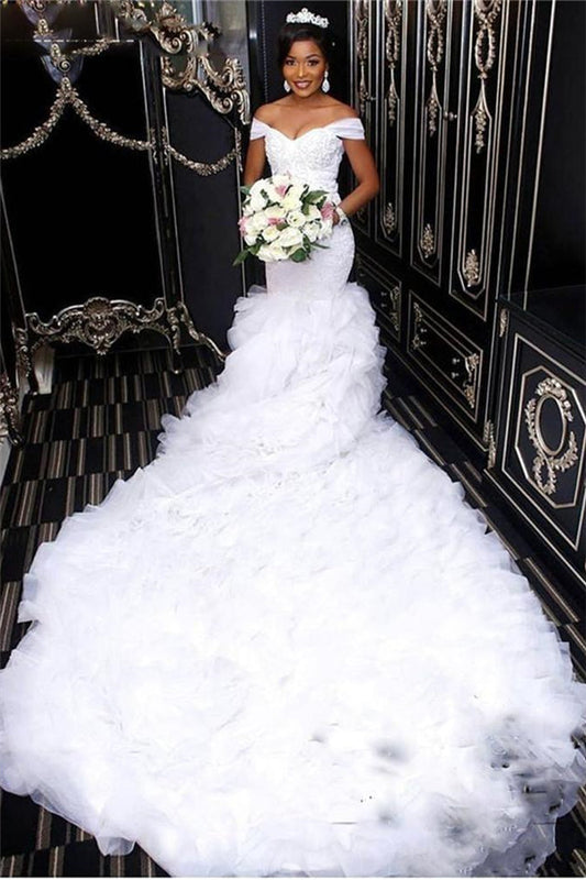 AmazingOff the Shoulder Lace Wedding Dress Mermaid Ruffless Bridal Gowns