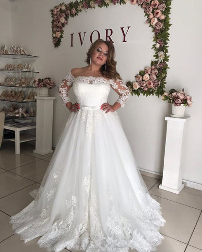 AmazingOff the shoulder Long Sleevess Lace Princess Plus size wedding dress