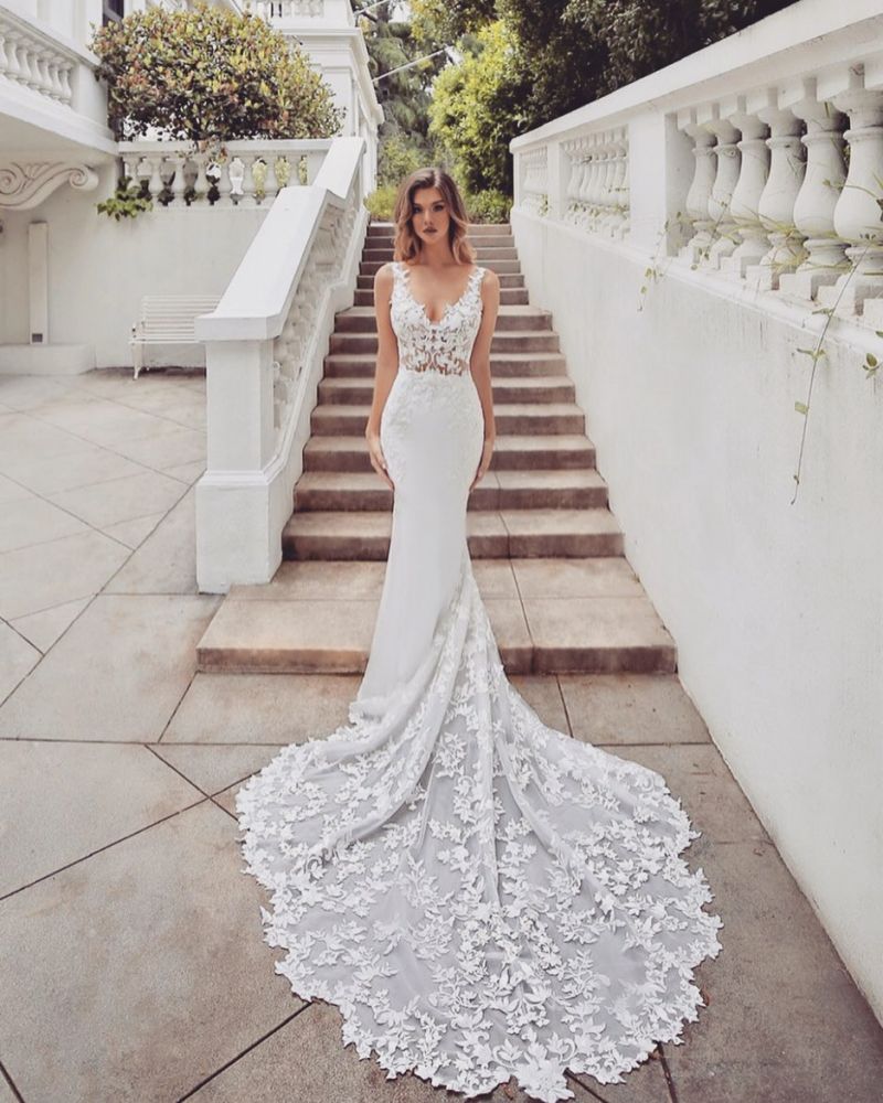 AmazingTrain Sleeveless V neck Lace mermaid wedding dresses