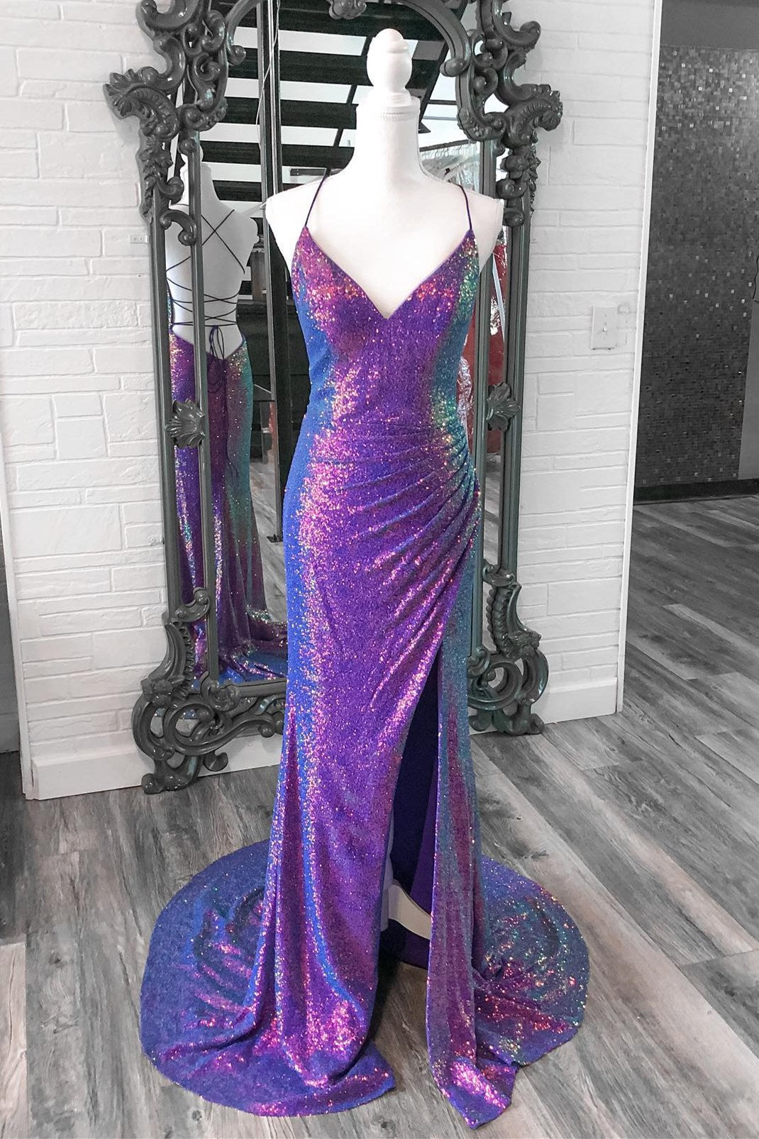 Anara | Purple Iridescent Sequins V Neck Lace-Up Mermaid Long Prom Dress with Slit