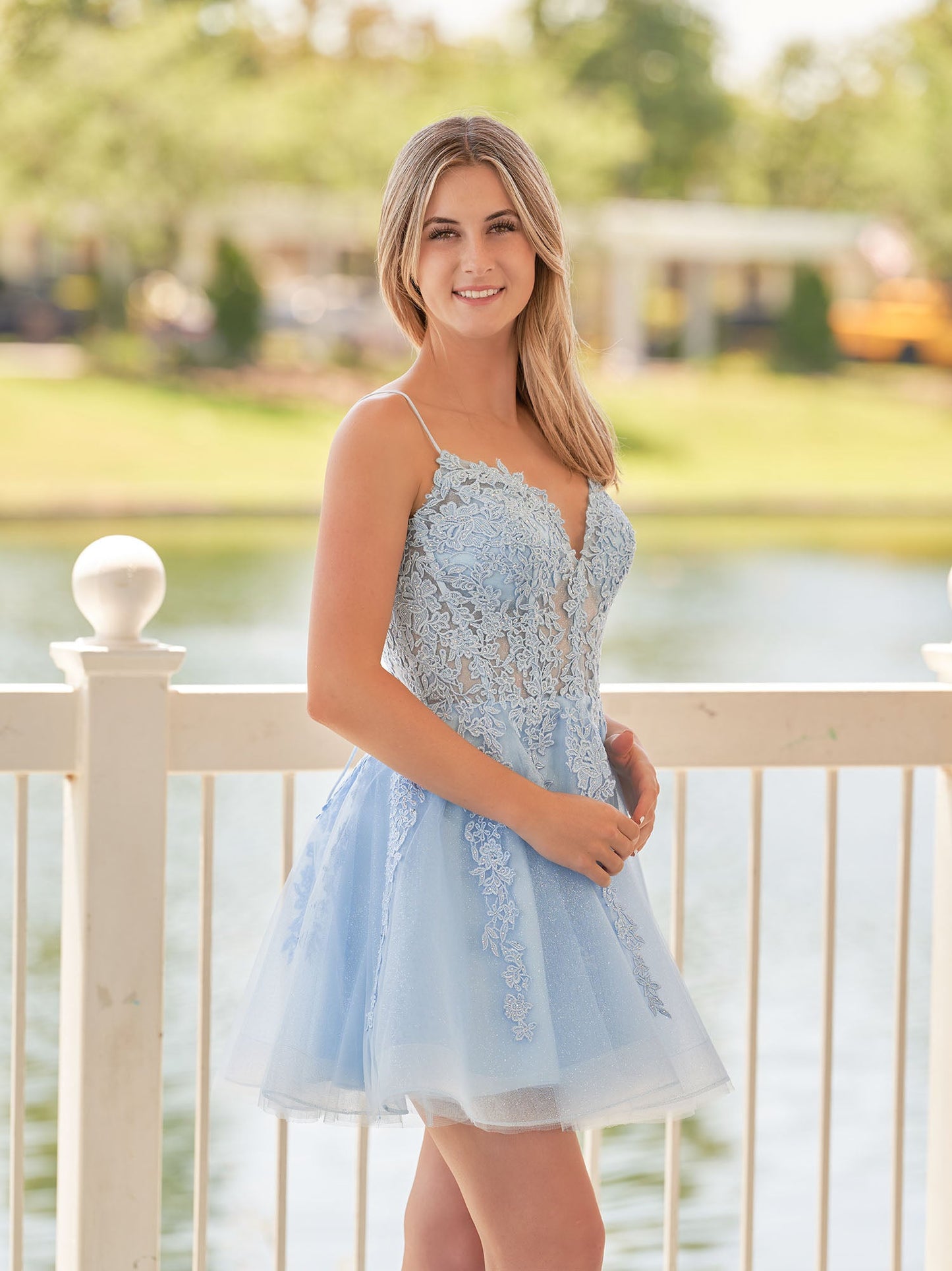 Anisia | A-Line Spaghetti-Straps Sky Blue Lace Homecoming Dress With Appliques