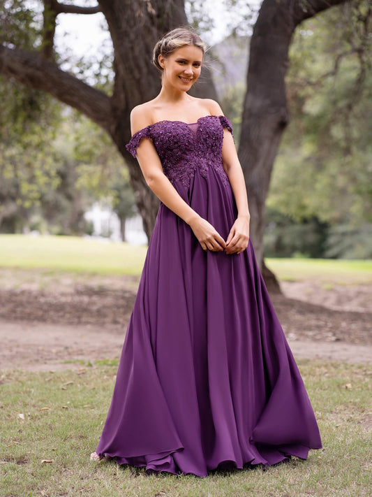 Applique Lace Floor Length Chiffon Prom Dress