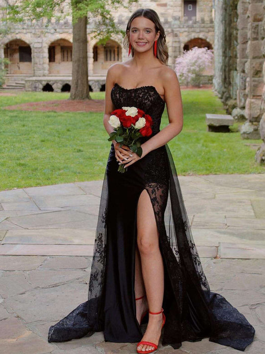 Arabelle | Mermaid Strapless Black Appliques Long Prom Dress with Slit