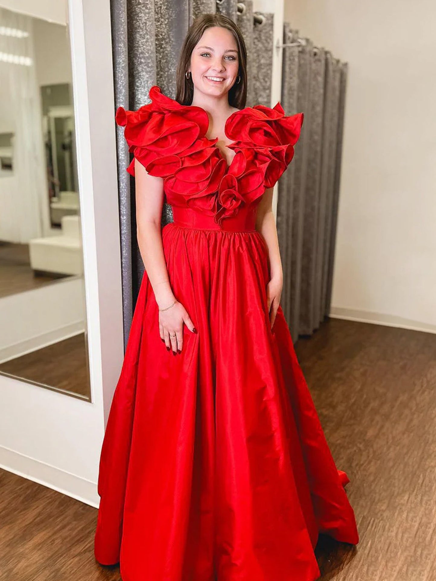 Arden | Red Ruffle V Neck Satin A-Line Long Prom Dresses