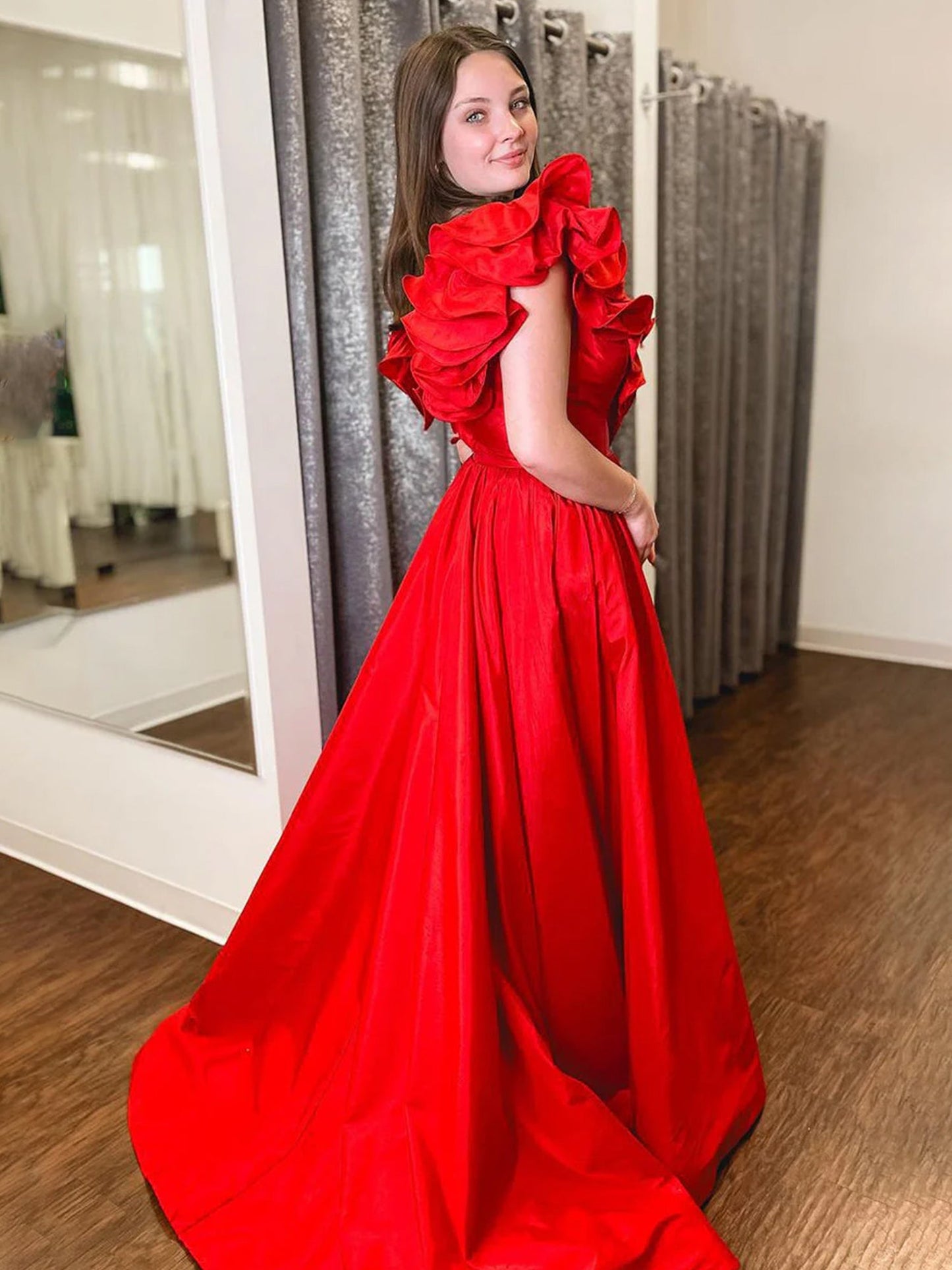 Arden | Red Ruffle V Neck Satin A-Line Long Prom Dresses