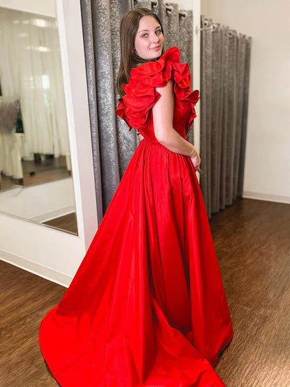 Arden | Red Ruffle V Neck Satin A-Line Long Prom Dresses