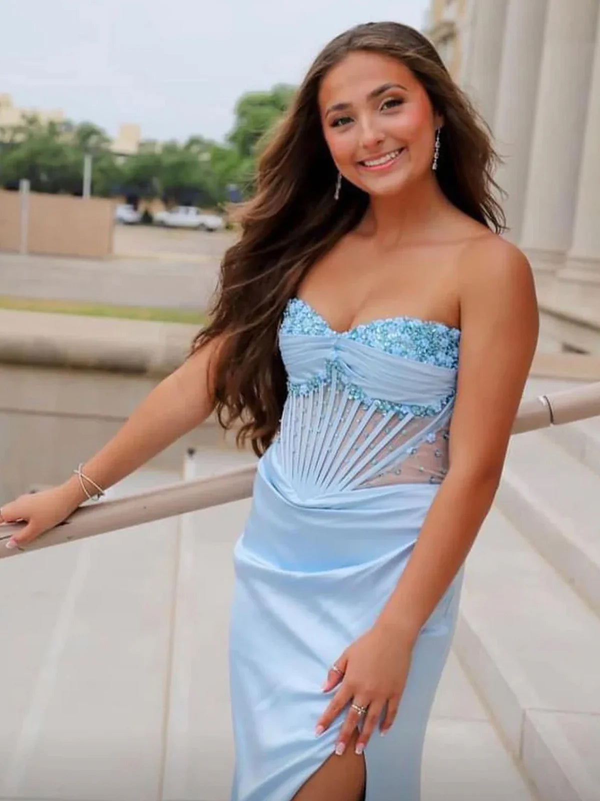 Astraea | Mermaid Strapless Blue Beaded Ruched Long Prom Dress with Slit