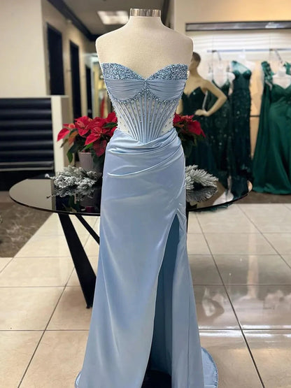 Astraea | Mermaid Strapless Blue Beaded Ruched Long Prom Dress with Slit