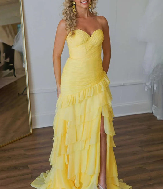 Aurora | Ruched Ruffle Fitted Yellow Long Prom Dress with Slit