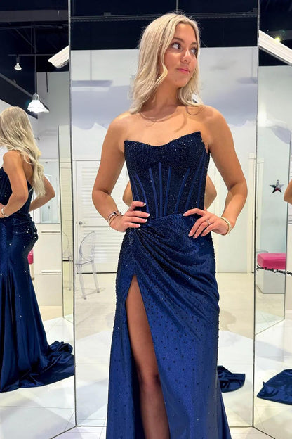 Aurorae | Mermaid Scoop Neck Navy Velvet Long Prom Dresses With Beading