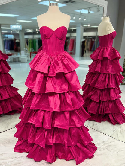 Ausha | Sweetheart Fuchsia Ruffles A-line Prom Dresses