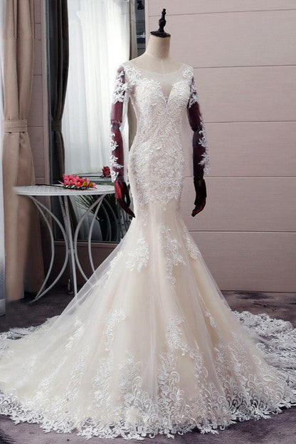 Autumn Long Sleevess Mermaid Lace appliques Ivory Wedding Dress