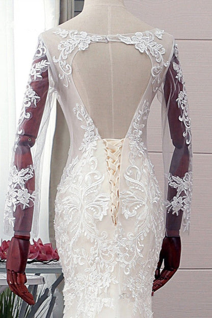 Autumn Long Sleevess Mermaid Lace appliques Ivory Wedding Dress